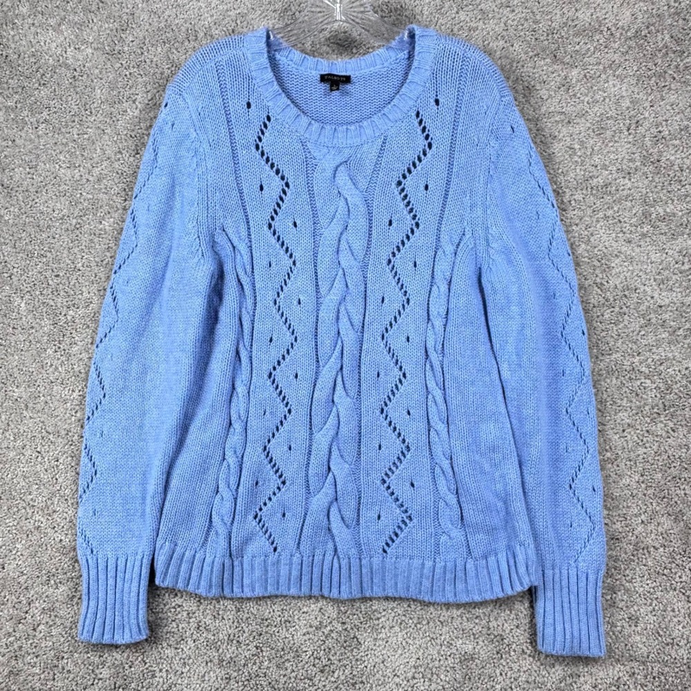 Talbots Womens Blue Cable Knit Pointelle Cotton Blend Crew Neck Sweater Large